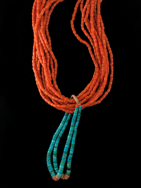 Eleven Strand Coral Necklace with Turquoise Jaclas - Four Winds Gallery